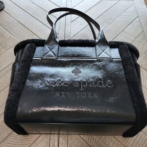 Kate Spade Faux Fur Black Leather Extra Large Tote Embossed Logo Zippered Bag
